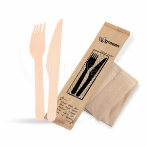 Sada dřevěných příborů (dřevo FSC 100%)(nůž + vidlička + ubrousek) [50 sad] (40031 - 10B)