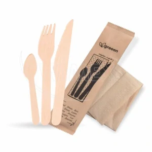 Sada dřevěných příborů (dřevo FSC 100%)(vidlička + nůž + lžička  + ubrousek) [50 sad] (40035 - 10B)