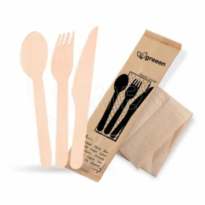 Sada dřevěných příborů (dřevo FSC 100%)(vidlička + nůž + lžíce  + ubrousek) [50 sad] (40036 - 10B)