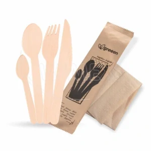 Sada dřevěných příborů (dřevo FSC 100%)(vidlička + nůž + lžíce +lžička  + ubrousek) [50 sad] (40039 - 10B)