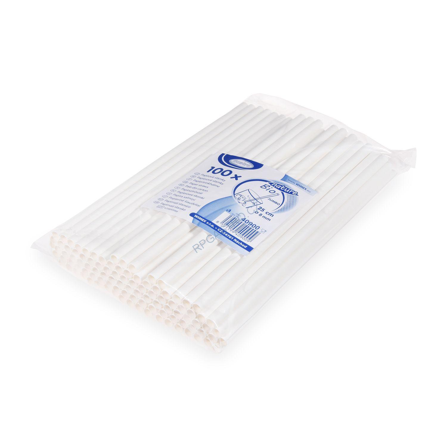 Slámky papírové JUMBO bílé 25 cm, Ø 8 mm [100 ks] (40900)
