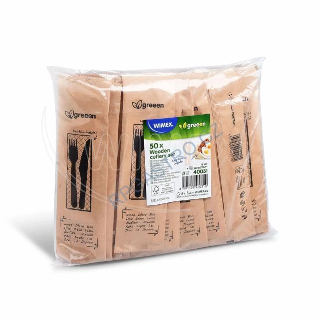 Sada dřevěných příborů (dřevo FSC 100%)(nůž + vidlička + ubrousek) [50 sad] (40031 - 10B)