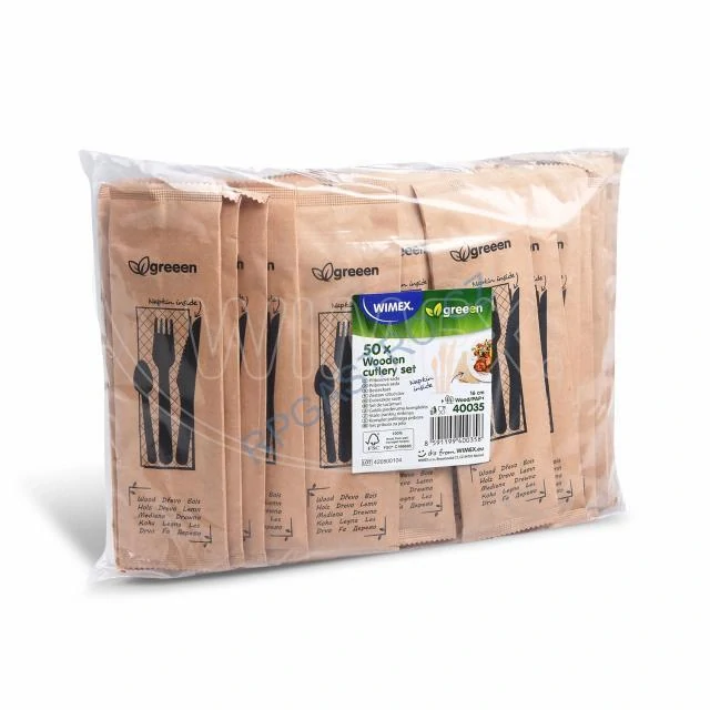 Sada dřevěných příborů (dřevo FSC 100%)(vidlička + nůž + lžička  + ubrousek) [50 sad] (40035 - 10B)