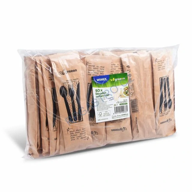 Sada dřevěných příborů (dřevo FSC 100%)(vidlička + nůž + lžíce  + ubrousek) [50 sad] (40036 - 10B)