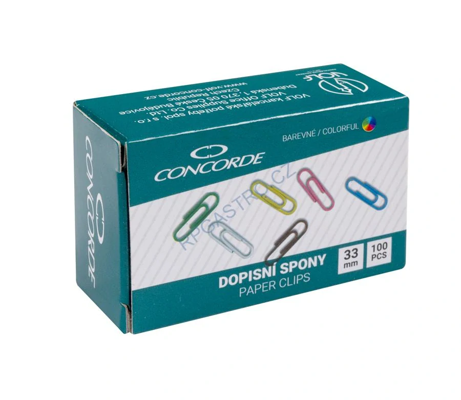 Dopisní spony CONCORDE 33mm, 100 ks, barevné