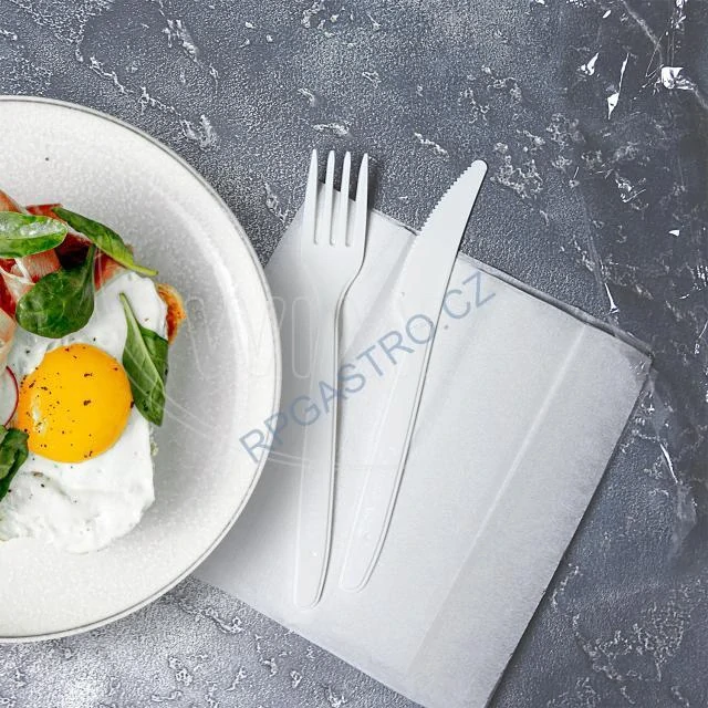 Sada příboru, bílá (nůž + vidlička + ubrousek) hyg. balená, opakovaně použitelná [250 ks] (65023)