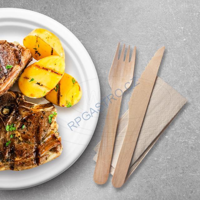 Sada dřevěných příborů (nůž + vidlička + ubrousek) [60 sad] (40021 - 10B)