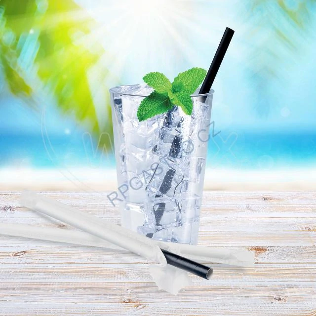 Slámky papírové Jumbo  černé Ø8 mm x 25cm jednotlivě balené [100 ks]  (40939)