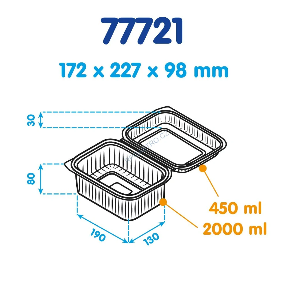 Miska hranatá průhledná s vypouklým víčkem 2000 ml + 450 ml (rPET) [50 ks] (77721)