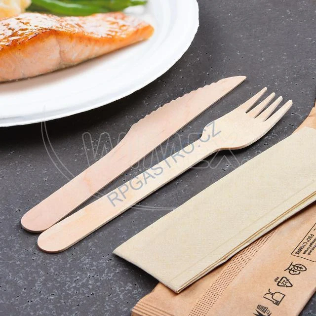 Sada dřevěných příborů (dřevo FSC 100%)(nůž + vidlička + ubrousek) [50 sad] (40031 - 10B)