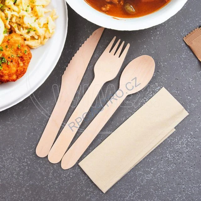 Sada dřevěných příborů (dřevo FSC 100%)(vidlička + nůž + lžíce  + ubrousek) [50 sad] (40036 - 10B)