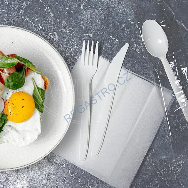 Sada příboru, bílá (nůž + vidlička + lžíce + ubrousek) hyg. balená, opakovaně použitelná [250 ks] (65024)