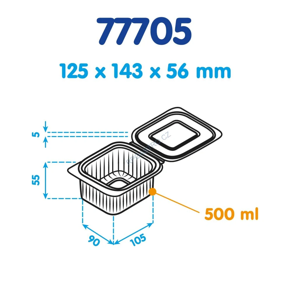 Miska hranatá průhledná s integrovaným víčkem 500 ml (rPET) [50 ks] (77705 )