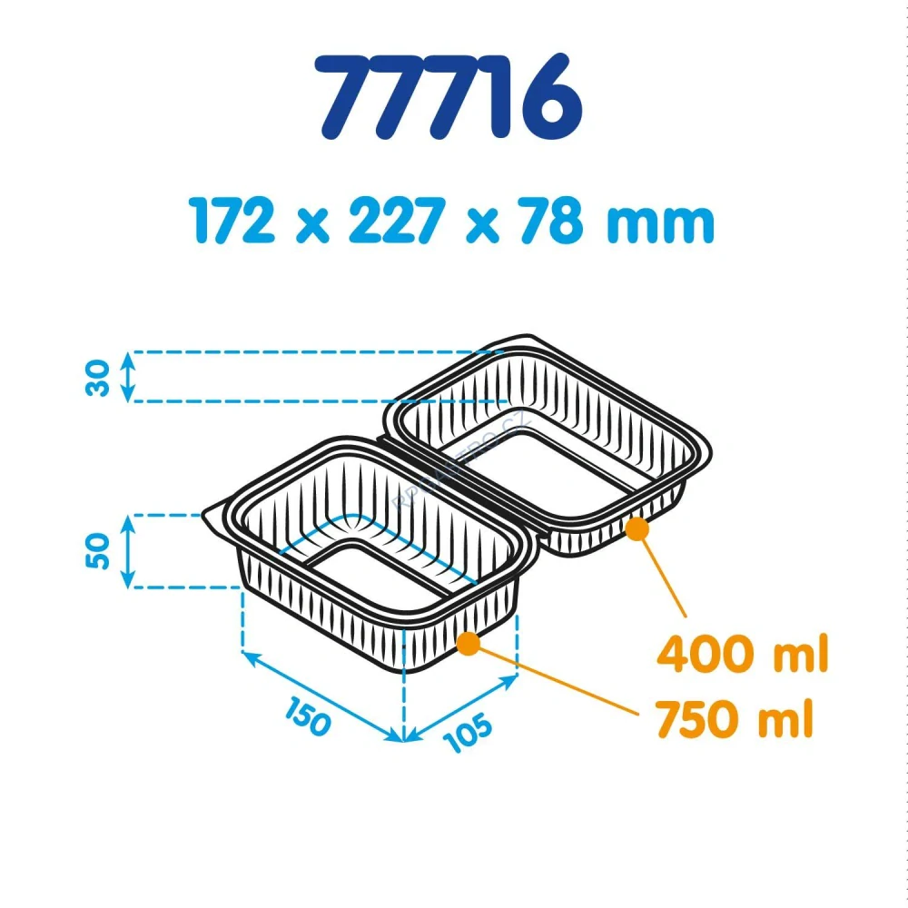 Miska hranatá průhledná s vypouklým víčkem 1500 ml + 450 ml (rPET) [50 ks] (77716)