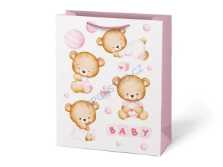 Dárková taška dětská vel.L růžová s medvídky (26 x 32 + 14 cm), 1 ks (5252826.4)